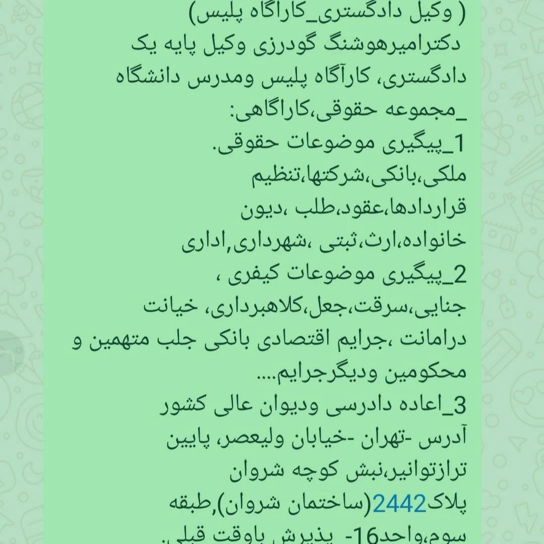 وکیل پایه یک دادگستری،(کارآگاه -مدرس ) - دفتر وکالت در تهران - تصویر 2